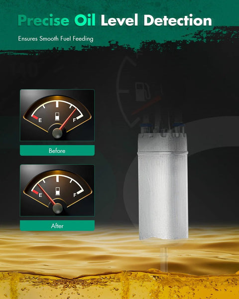E2000 Fuel Pump Electrical High Performance Replacement Kit showing improved fuel level detection with gauges before and after