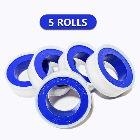 Image of Five Roll Pack Of PTFE Thread Seal Tape One Half Inch Wide Each 520 Inches Long For Water Pipes And Shower Heads White Teflon Plumbers Tape Leak Prevention Durable High Density showing stacked rolls.