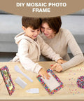 Fun DIY Mosaic Photo Frame Kit For 4x6 Photos 8 Unfinished Wooden Frames With Mosaic Tiles And Included Glue Finger Cots And Spreader Tools For Easy Home Craft And Personalized Photo Displays. A child and adult crafting together with frame and tools visible.