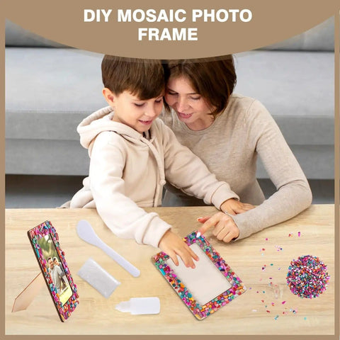 Fun DIY Mosaic Photo Frame Kit For 4x6 Photos 8 Unfinished Wooden Frames With Mosaic Tiles And Included Glue Finger Cots And Spreader Tools For Easy Home Craft And Personalized Photo Displays. A child and adult crafting together with frame and tools visible.