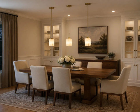 Karjearl Alabaster Pendant Lights Kitchen Island, Modern Gold Hanging Light over a dining table with beige chairs and floral centerpiece.