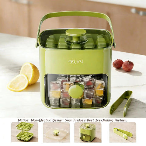 Compact Ice Cube Tray With Lid And Bin For Freezer, Mini Press Type Ice Maker, Space Saving Small Ice Bucket With Tongs, Green