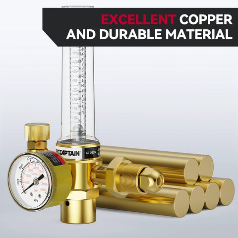 ARCCAPTAIN gas regulator with vertical flow meter and gauge, gold finish for Argon/CO2/Helium welding
