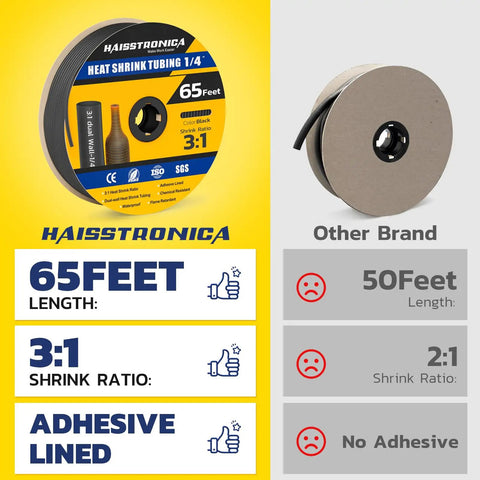 Comparison of 3 To 1 Heat Shrink Tubing With Adhesive Lined Marine Grade Black 65 Ft Roll and competitor's product.