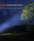 Beam of Beast 3000 Lumen Rechargeable Tactical Flashlight illuminating distant trees at night