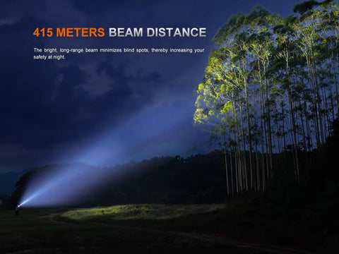 Beam of Beast 3000 Lumen Rechargeable Tactical Flashlight illuminating distant trees at night