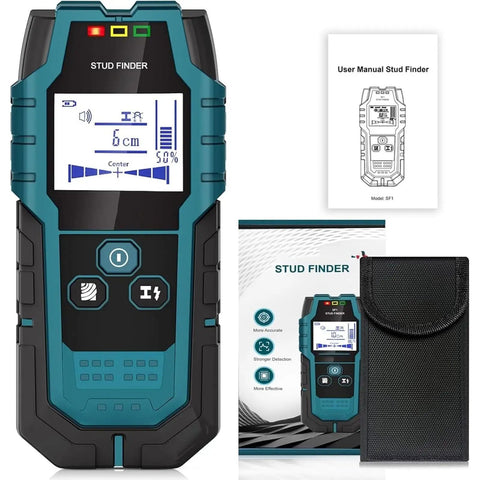 Heavy Duty Stud Finder Wall Scanner With Hd Lcd Display And Auto Calibration for easy home fixes, accompanied by manual and pouch.