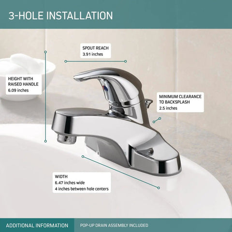 Chrome Centerset Bathroom Sink Faucet With Single Handle And Pop Up Drain No Fuss 4 Inch Centerset Fit For 3 Hole Vanity Easy Install Includes Drain Assembly Lifetime Warranty, showing installation guide.