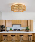 Whisper Quiet Boho Caged Rattan Fandelier Ceiling Fan With Bright Integrated Lighting in a modern kitchen.