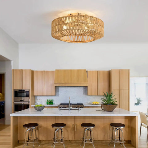 Whisper Quiet Boho Caged Rattan Fandelier Ceiling Fan With Bright Integrated Lighting in a modern kitchen.