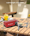 FoldGo Portable Butane Camping Stove With 7500 BTU Output on wooden table showing dimensions and lightweight design