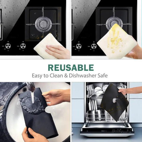 Gas Stove Burner Covers 8 Pack Nonstick Reusable Double Thickness 0.2mm Protective Liners shown being cleaned and used