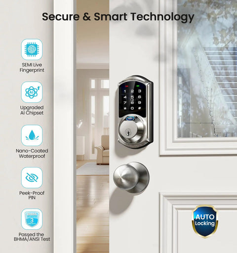 Heavy Duty Fingerprint Smart Deadbolt Lock Equipped With Direct Phone App Access And Portable Key Fobs Styled In Sleek Satin Nickel For Zero Stress Keyless Entry And Knockout Front Porch Protection