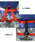 Front and back view of red Adjustable Thickness Climbing Harness With Wide Half Body Design for rock climbing CE EN3531 certified.