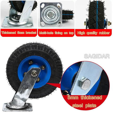 Built Tough High Elastic Rubber Caster Wheels That Roll Slick With Swivel Brake Lock And Reinforced Steel Base For Tool Carts Toolboxes Garage Gear 2 Pack 10 Inch close-up of rubber wheel with thickened bracket and multi-hole fixing.