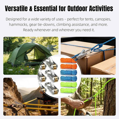 Ultra Lightweight Rope Tightening Tool With Roller Cam Four Pack For Camping And Boating Grab And Go No Knots Needed Locks Rope Instantly Ultra Compact Tensioner For Tarps Outdoor Gear Hiking And Emergency Fixes shown securing tents, boxes, and ropes.