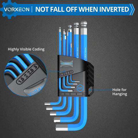 Blue 9 Piece Hex Key Set With Allen Wrenches One Point Five To Ten Mm Metric Long Ball End Flat End L Key CrV And S2 Steel