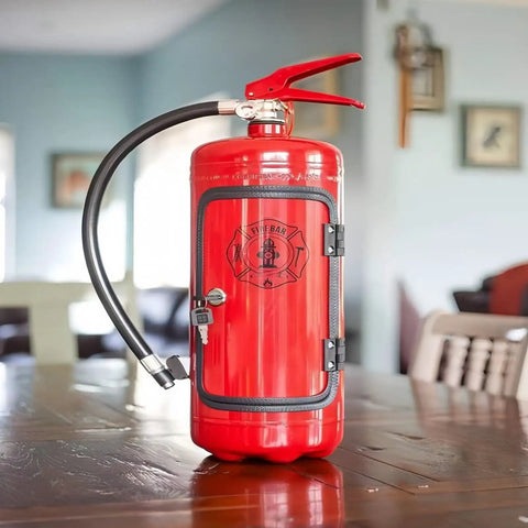Fire Extinguisher Shaped Liquor Dispenser Mini Metal Bar Accessory For Whiskey Bourbon Tequila Portable Party Decor And The Ultimate Conversation Starter For Home Entertaining Camping And Nightlife, red metal bottle holder, on table