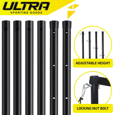 Steel poles with adjustable height feature from the All-Purpose Volleyball Net Set For Backyard, Beach Or Indoor Play With 32x3 Foot Regulation Net.