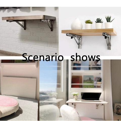 Heavy Hitting Foldable Wall Mount Shelf Brackets One Pair Stainless Steel L Shaped Corner Brace used in kitchen and living area.