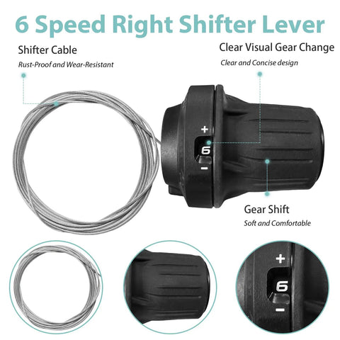 Six Speed Right Bicycle Shifter Lever SL RV100 6R Twist Shifter for Mountain Road Bikes with gear display and shifter cable.