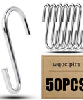 50 Pack 2.4 Inch Heavy Duty 304 Stainless Steel S Hooks For Kitchen Pots Pans Utensils Towels Tools Clothes And More No Rust Durable Hanging Hooks For Cabinets Racks Shelves, showing one large hook and a set of smaller hooks