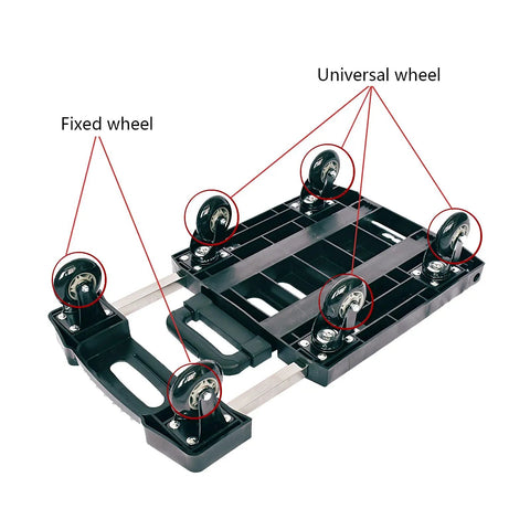 Foldable Hand Truck Dolly With 6 Wheels For Home Office And Travel Ultra Lightweight Portable Trolley Cart 330 Lbs Capacity Stretchable Handle Red Platform Cart For Easy Gear Transport showing fixed and universal wheels