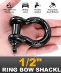 Hand holding black 1/2 inch D ring bow shackle with pin, showcasing corrosion resistance and heavy duty steel for recovery use.