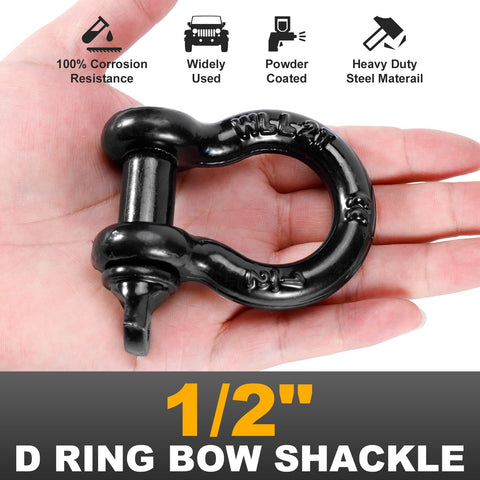 Hand holding black 1/2 inch D ring bow shackle with pin, showcasing corrosion resistance and heavy duty steel for recovery use.