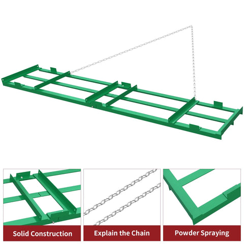 8ft Heavy Duty Drag Harrow For ATV UTV Yard Drag And Driveway Grader With 6ft Chain Gravel Leveling Tool Green Rust Resistant Coating All Steel Construction For A Smooth Yard And Driveway Finish, showing solid green steel frame and chain detail