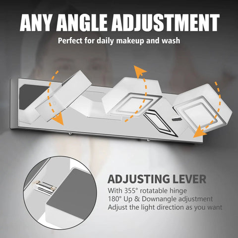 Lit Three Light Chrome Vanity Light Bar With Dimmable LED Heads, Adjustable 180 Degree Up Down And 360 Degree Swivel