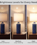 Set Of 2 Modern Ceramic Table Lamps Navy Blue Diamond Texture Farmhouse Vibe 25 Inch Nightstand Lamps with dimmable levels on nightstand