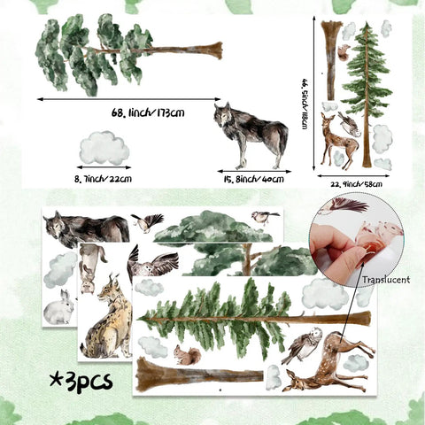 Gigantic 68 Inch Watercolor Pine Tree Woodland Forest Safari Animals Wall Decals Peel And Stick Deer Birds Owl Wolf Stickers