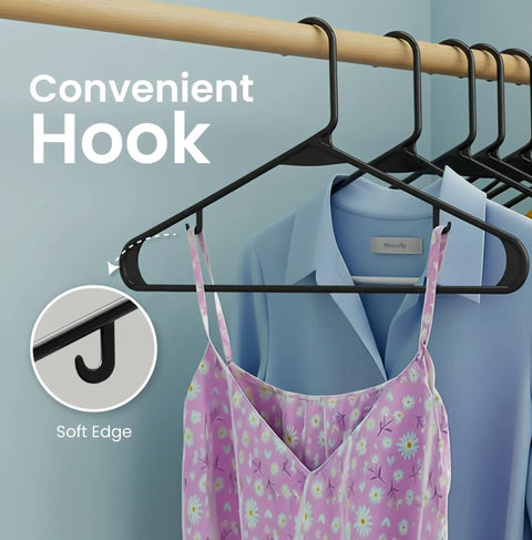 Solid Black Plastic Clothes Hangers 50 Pack With Built In Non Slip Velvet Strap Hooks For Sweaters Jackets And Jeans Super Slim Space Saver For A No Fuss Closet
