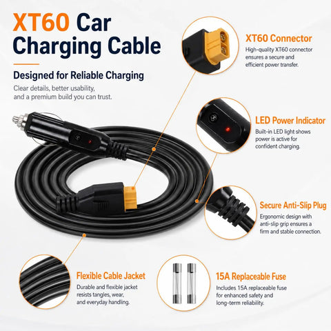 No Hassle Bulletproof XT60 To 12V 24V Car Charger Cable designed for reliable charging with XT60 connector and LED indicator.