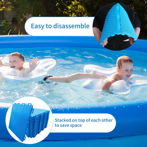 Interlocking Pool Drainage Mats For Above Ground Walkways Keeps Dirt Out Of The Pool 16 Pack Durable Plastic Floor Mats displayed near pool