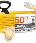 Beefy 50 Ft 10 Gauge Heavy Duty Outdoor Extension Cord With Three Outlets And Indicator Light For Worksite Waterproof SJTW 15A 1875W ETL Listed Flexible Yellow coiled