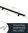 Black Finish Stainless Steel Cabinet Drawer Pull, Modern T Bar Handle, dimensions displayed, mounting hardware included