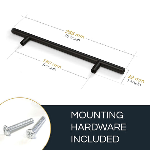 Black Finish Stainless Steel Cabinet Drawer Pull, Modern T Bar Handle, dimensions displayed, mounting hardware included