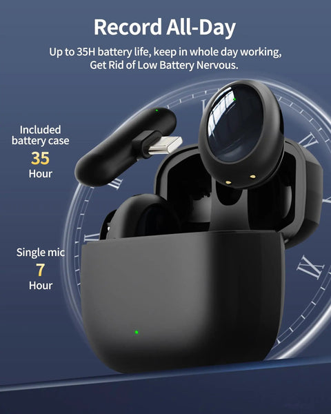 Wireless Lavalier Microphone For iPhone With AI Noise Reduction shown with charging case highlighting 35-hour battery life.