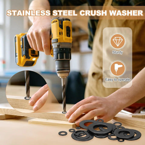 80Pcs M6 Stainless Steel Washers Kit With 6x10x1mm Flat And Crush Sealing Washers, 304 Stainless Steel Gasket Rings For Screws Bolts Automotive Projects, Black Zinc Plated Burr Free And Durable. black stainless crush washers on wood with drill