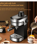Top Shelf Semi Automatic Espresso Maker With Swift Milk Frother And Quick Fill Water Tank For Smooth Lattes And Dope Cappuccinos To Kickstart Your Daily Coffee Ritual showing sleek design and milk pouring.