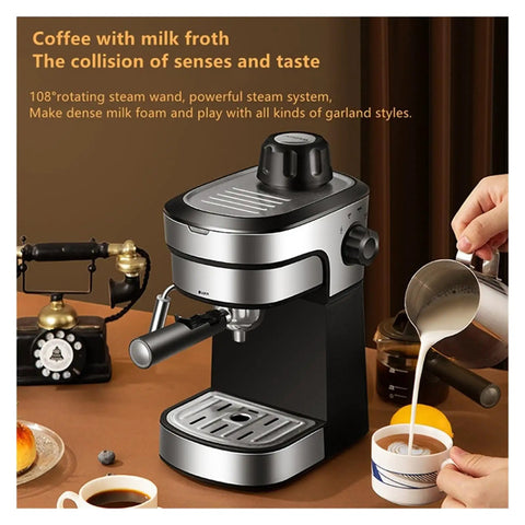 Top Shelf Semi Automatic Espresso Maker With Swift Milk Frother And Quick Fill Water Tank For Smooth Lattes And Dope Cappuccinos To Kickstart Your Daily Coffee Ritual showing sleek design and milk pouring.