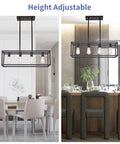 Farmhouse Rectangle Chandelier For Dining Room And Kitchen Island, Modern Linear Hanging Light Fixture in matte black setting.