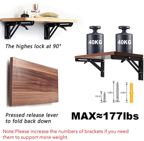 16 Inch Folding Shelf Brackets Set Of 2 Heavy Duty Stainless Steel Collapsible Triangle Shelf Brackets supporting weights on wall-mounted shelves
