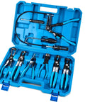 9-piece automotive hose clamp pliers set in blue plastic case with long-reach and swivel jaws (front view)