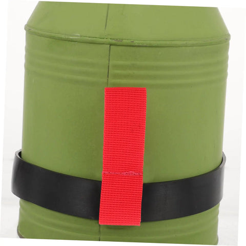 Red Scuba Tank Strap For Easy Carry And Quick Release Hose Retainer attached to a green cylinder showing side mounting feature.