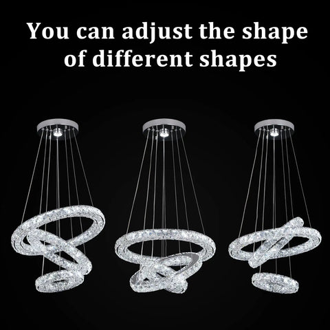 Three Ring Modern Crystal Flush Mount Chandelier with adjustable LED color, showcasing different 3-ring shape configurations.