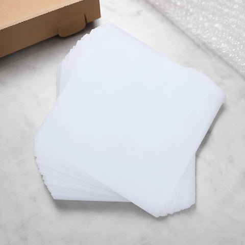 100 Piece Foam Pouches For Fragile Dishes And Glassware, Double Sided Cushioning Sleeves Protect Cups Mugs And Bowls During Moving, Shipping Or Storage, 11.8 Inch Square Foam Wraps For Breakable Tableware. White 11.81 x 11.81 in EPE foam pouches stacked on table