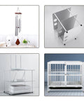 Collage of metal and acrylic furniture, display racks, and birdcage on a white background.